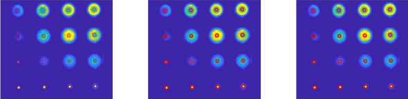 Initial detected centers, fitted grid, and corrected center positions